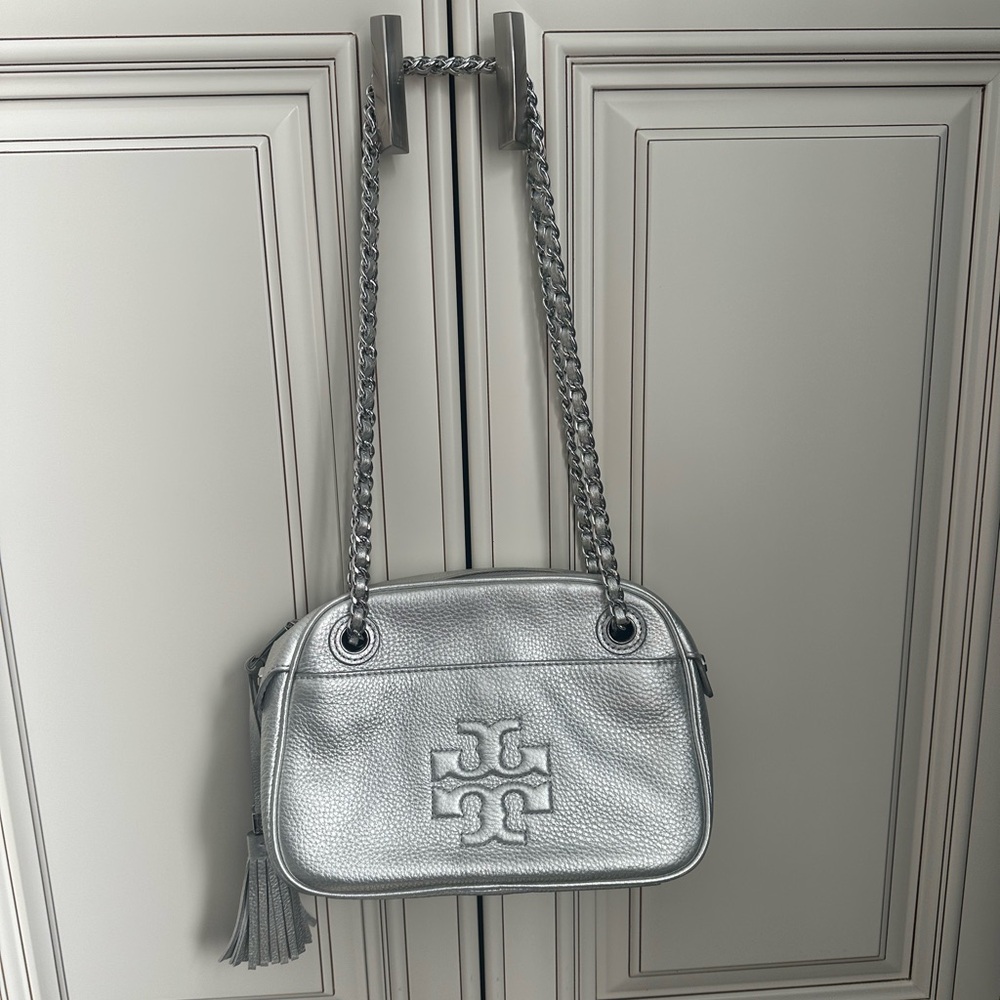 Tory Burch Metallic Silver Chain-Handle Crossbody Bag